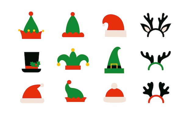 Imágenes prediseñadas coloridas de elfos de dibujos animados o sombreros de gnomos y cuernos de reno aislados en blanco