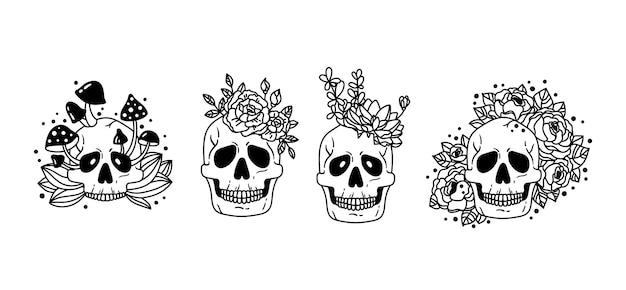 Vector imágenes prediseñadas de cráneo floral místico boho cráneo cactus suculento hongo cráneo humano vector de halloween