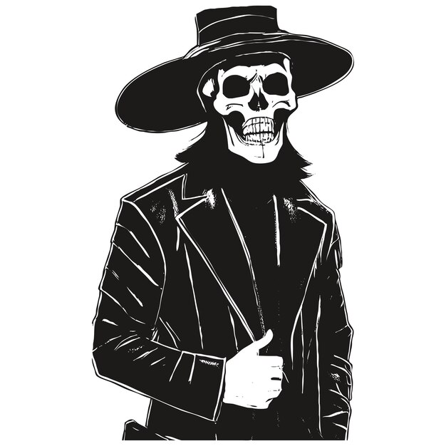 Imágenes prediseñadas de cráneo de vaquero vector dibujado a mano en blanco y negro imágenes prediseñadas