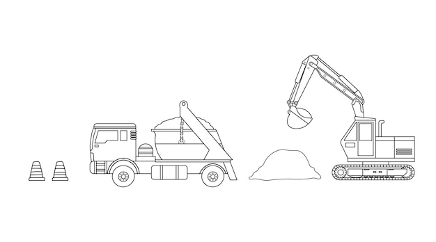 Imágenes prediseñadas dibujadas a mano en color para niños, miniexcavadora de construcción, camión volquete y conos de tráfico
