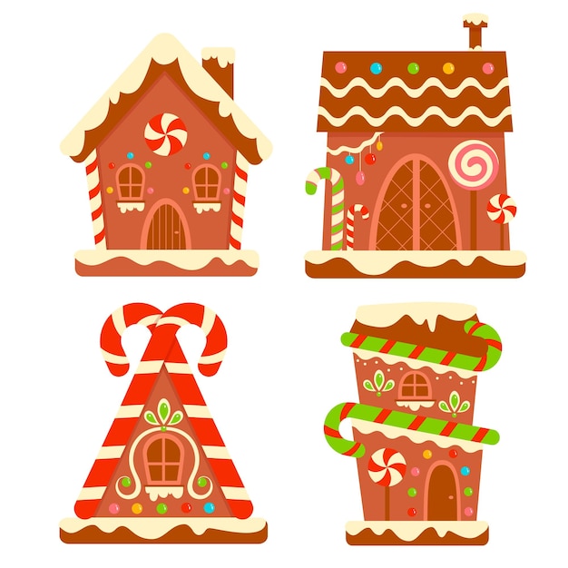Imágenes prediseñadas de dibujos animados de Navidad. Conjunto de imágenes prediseñadas de casa de pan de jengibre ilustración vectorial