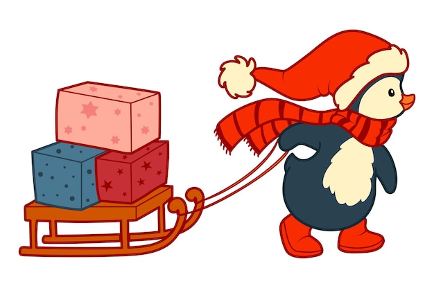 Imágenes prediseñadas de dibujos animados de Navidad. Ilustración de vector de pingüino de Navidad