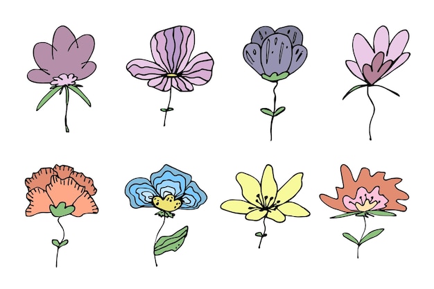 Imágenes prediseñadas de flores simples Conjunto de garabatos florales dibujados a mano Para imprimir el logotipo de decoración de diseño web