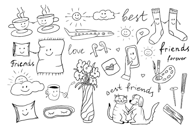 Vector imágenes prediseñadas de gran amistad en estilo garabato linda colección con citas corazones bebidas gato perro