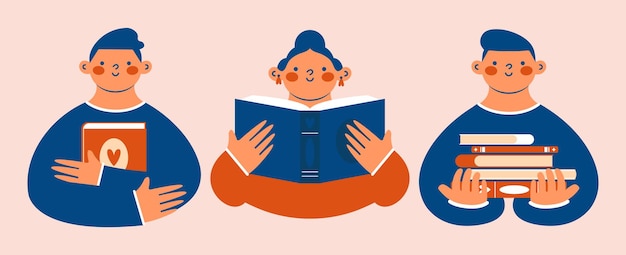 Imágenes prediseñadas lindas vectoriales para el festival del libro Personas abstractas sosteniendo libros libro abierto pila de libros