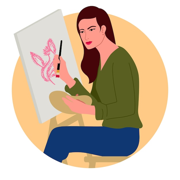 Vector imágenes prediseñadas de una mujer totalmente dedicada a la pintura, perfectas para materiales relacionados con el arte, talleres creativos y recursos de arteterapia.