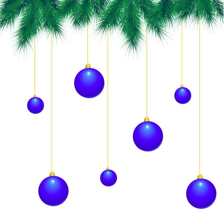 Vector imágenes prediseñadas de navidad bolas azules cuelgan de ramas de abeto elemento vectorial