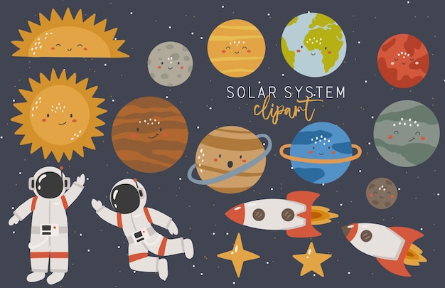 Imágenes Prediseñadas del sistema solar Vectores de planetas Kawaii Ilustración educativa Vectores de imágenes prediseñadas espaciales