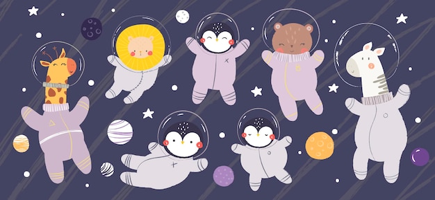 Imágenes prediseñadas de vector espacial con ilustración infantil de animales lindos