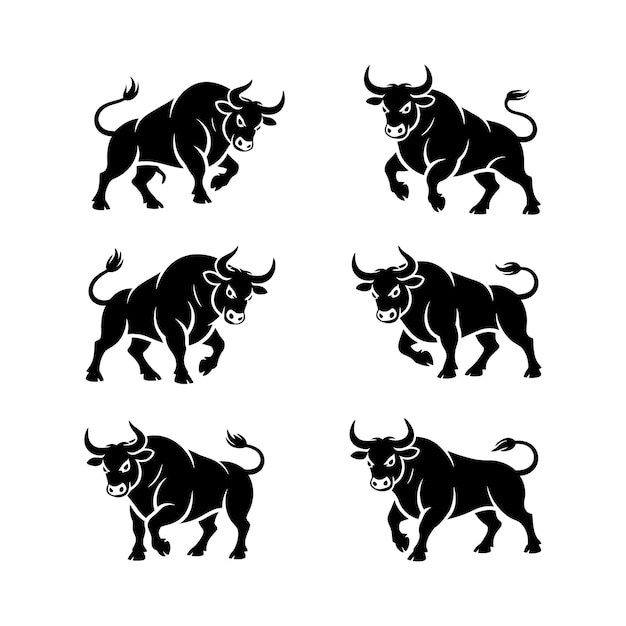 Imágenes de siluetas negras de poderosos toros en varias posturas
