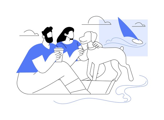 Imágenes vectoriales de dibujos animados aislados de la playa del perro Una pareja feliz se sienta con un lindo perro en la playa gastando