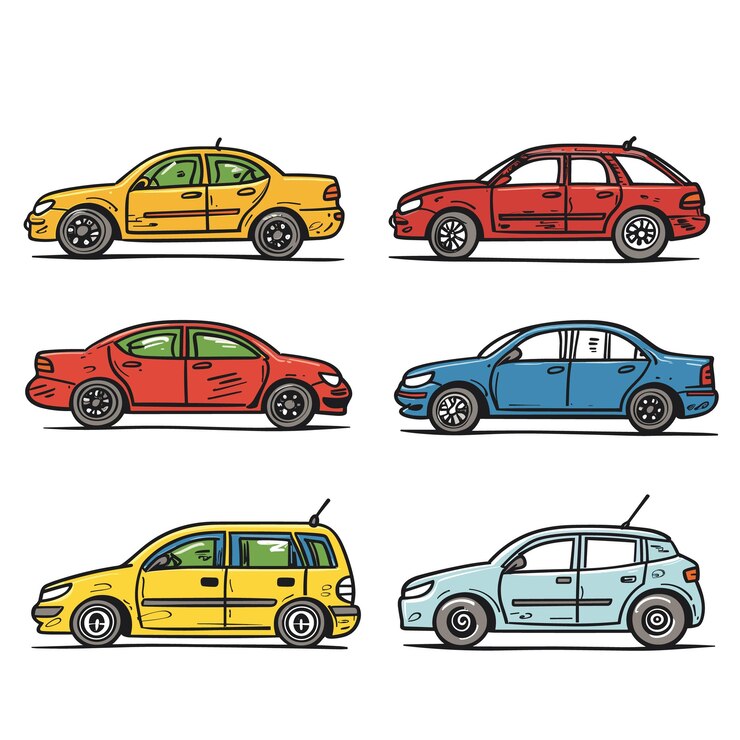 Vector imágenes vectoriales de dibujos animados de coches de vista lateral de diferentes colores dos filas de coches en la fila superior del sedán