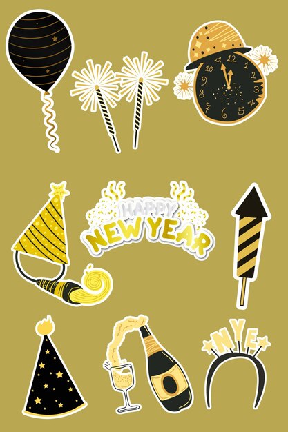 Imágenes vectoriales de pegatinas con estilos de oro y negro con temática de celebración del año nuevo año nuevo 2025