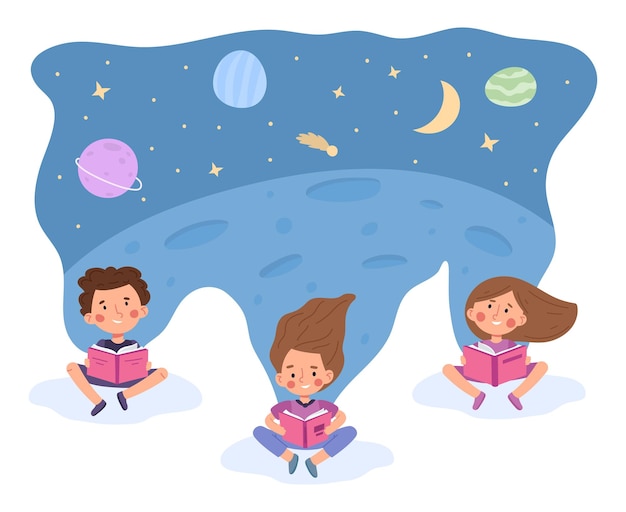 Imaginación libro mundo niños fantasía concepto Los niños imaginan cuento de hadas mágico vector ilustración Niño y niña imaginan vida mágica leyendo libro de cuentos Libro de dibujos animados imaginación