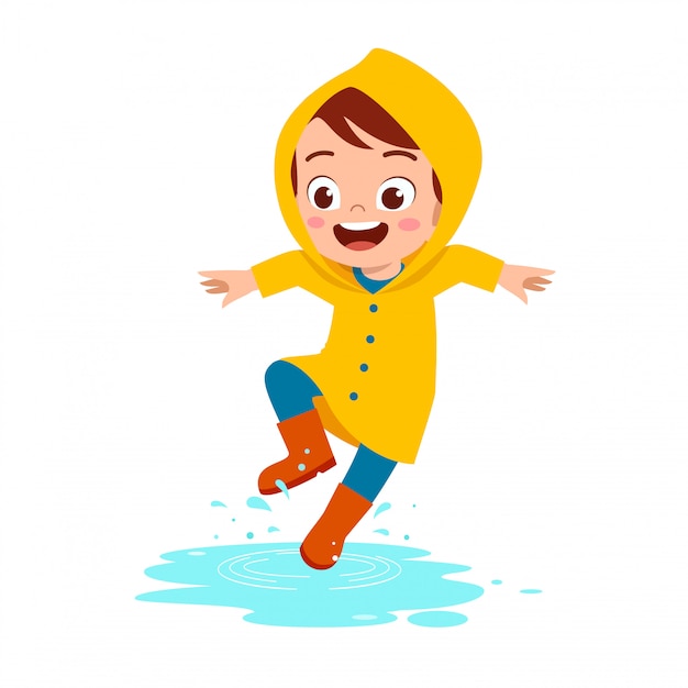 Vector impermeable de niño lindo niño feliz jugar desgaste