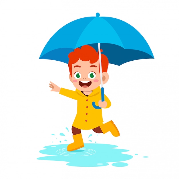 Vector impermeable de niño lindo niño feliz jugar desgaste