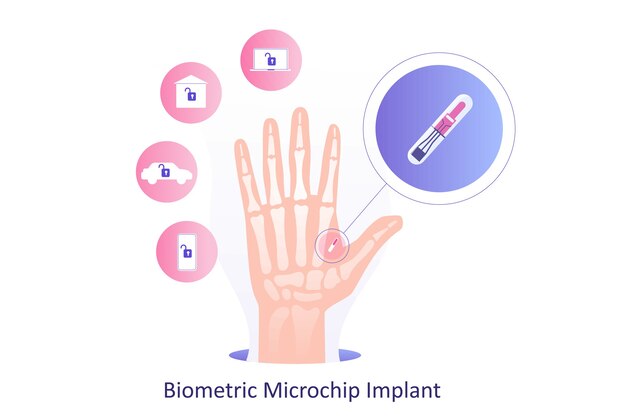 Implante de microchip biométrico dentro de una enorme mano humana