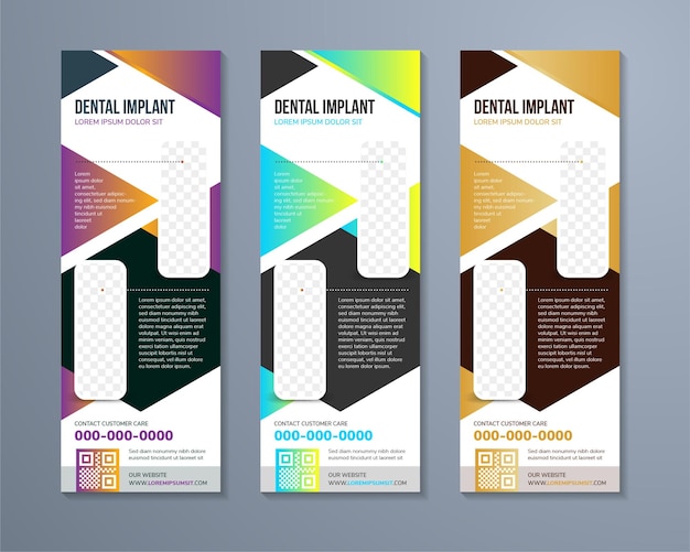 Vector implantos dentales, dentista y estandarte vertical del diente con espacio rectangular para collage de fotos