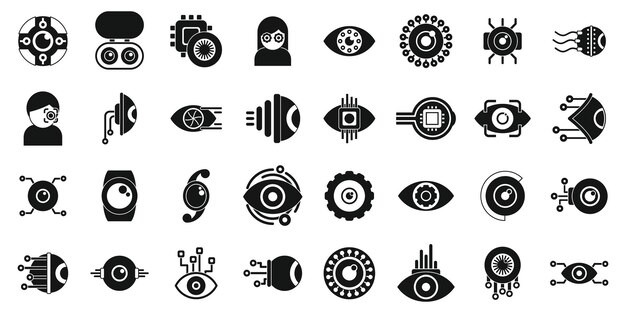 Implantos oculares iconos conjunto vector Una colección de iconos en blanco y negro incluyendo una persona con un reloj
