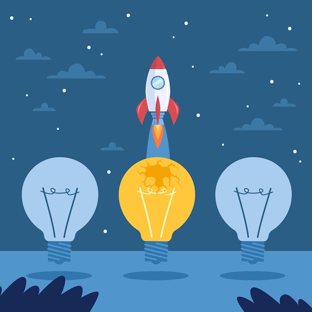 Implementación de las mejores ideas Lanzamiento del transbordador de viaje espacial de cohetes diferente forma correcta de resolver problemas de innovación y puesta en marcha en el concepto aislado de vector de empresa