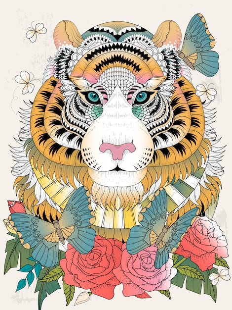 Vector imponente tigre con elemento floral adulto para colorear página