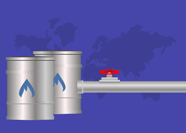 Importación y exportación de gas, petróleo y combustible, barriles, tubería con vector de válvula, sistema de tubería de grifo de gas