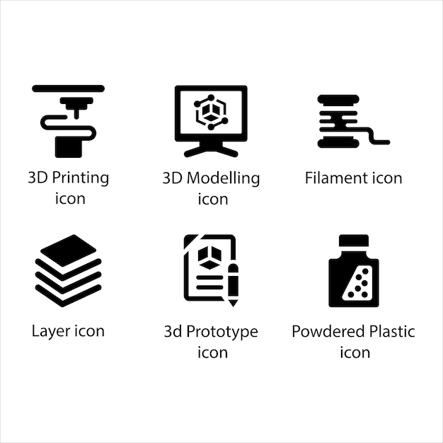 Impresión 3D Modelación 3D Capa de filamento 3D Prototipo de plástico en polvo Conjunto de iconos negros