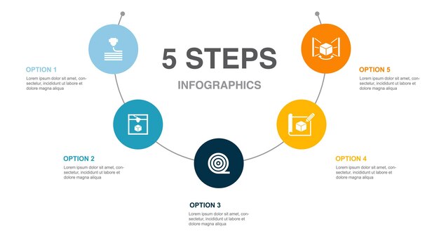 Impresión 3d Prototipos de filamentos de impresora 3d Iconos de escáner 3d Plantilla de diseño de diseño infográfico Concepto de presentación creativa con 5 pasos