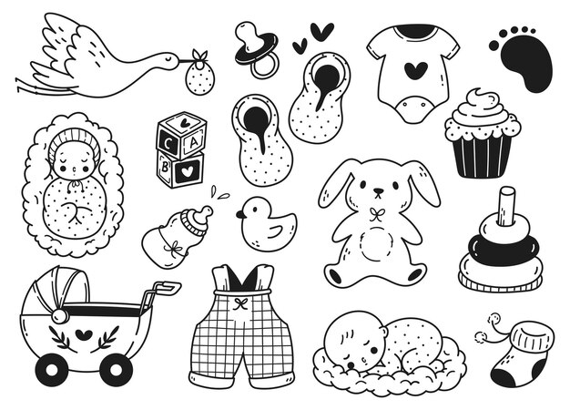 Impresión de adorables accesorios para bebés con dibujos dibujados