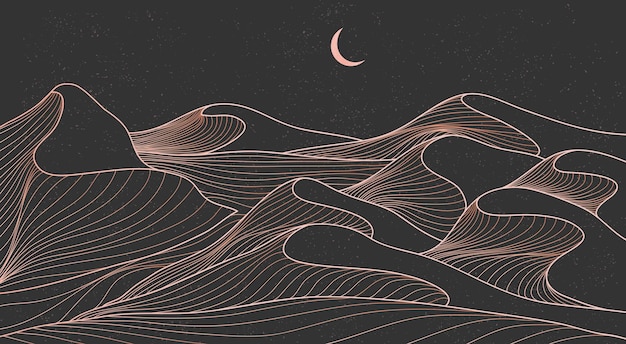Impresión de arte de línea de desierto de montaña Abstracto de montaña fondos estéticos contemporáneos paisajes con ilustraciones vectoriales del horizonte de la luna del desierto de la montaña