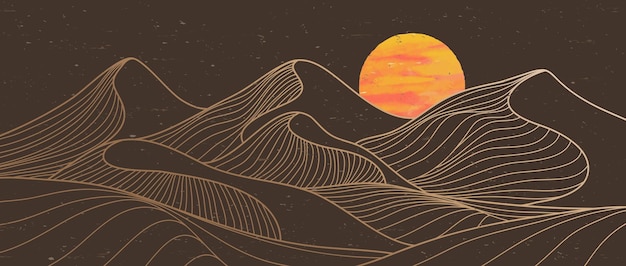 Impresión de arte de línea de montaña Paisajes de fondos estéticos contemporáneos abstractos con luz de luna del desierto de montaña e ilustraciones de vectores de onda