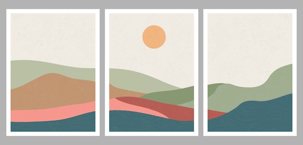 Impresión de arte minimalista moderno de mediados de siglo. Paisaje abstracto de fondos estéticos contemporáneos con bosques y montañas.