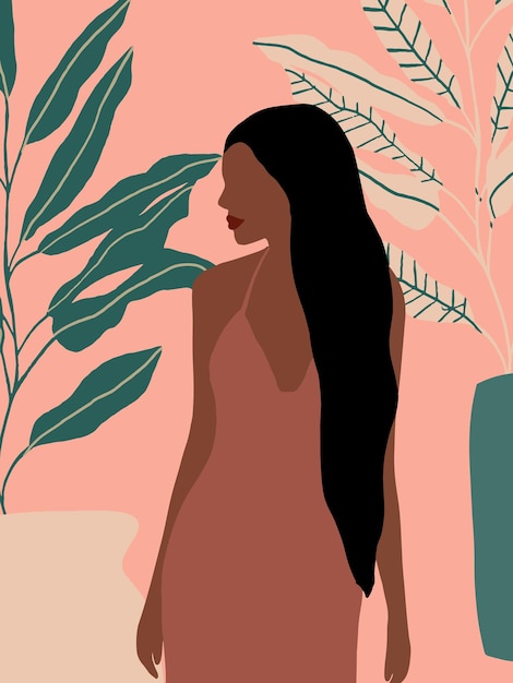 Vector impresión de arte tropical moderno de moda ilustración vectorial dibujada a mano retrato de mujer de vogue diseño boho