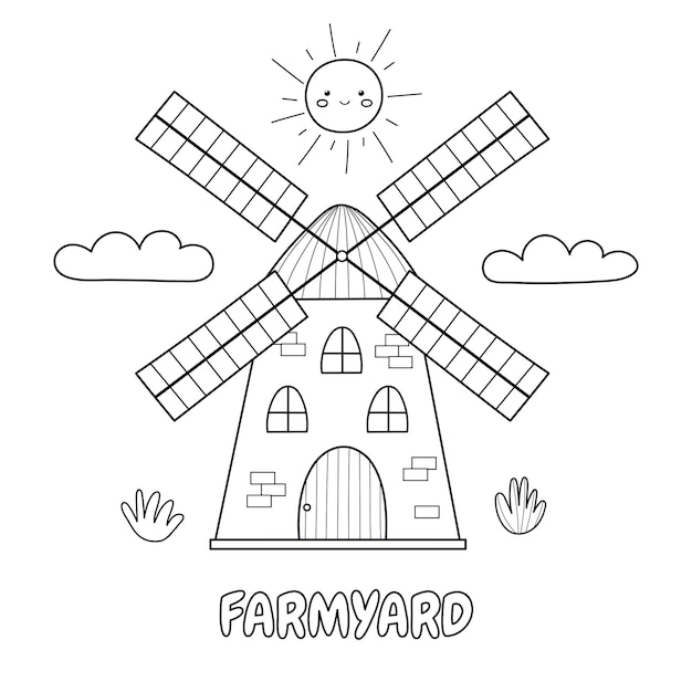 Impresión en blanco y negro de granja con un molino en estilo de dibujos animados Fondo de granja para niños