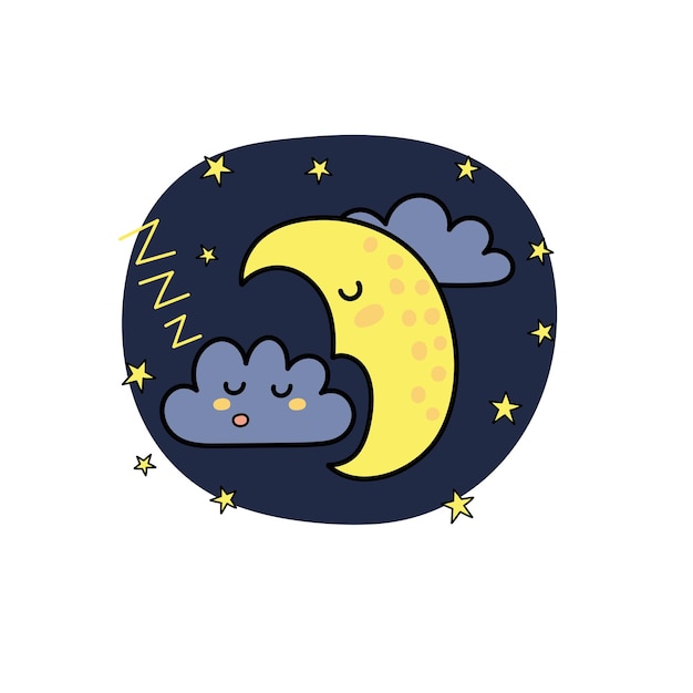 Impresión de buenas noches con linda luna y nubes. Personajes de dulces sueños para dormir. ilustración vectorial