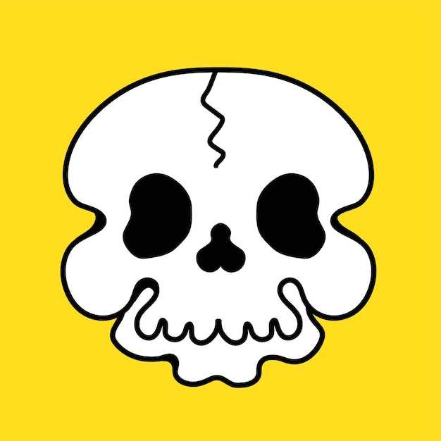 Impresión de calavera divertida para camiseta, cartel, logotipo, tarjeta. Vector dibujado a mano línea 70 estilo personaje de dibujos animados ilustración. Calavera divertida, impresión de cara para camiseta, cartel, concepto de tarjeta