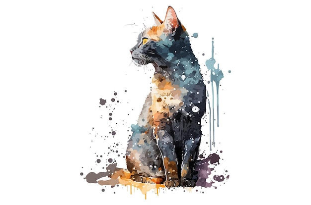 impresión de camiseta de ilustración de vector de gato acuarela