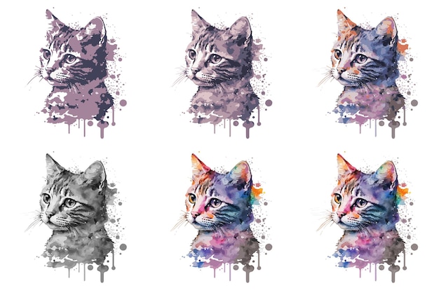 impresión de camiseta de ilustración de vector de gato acuarela