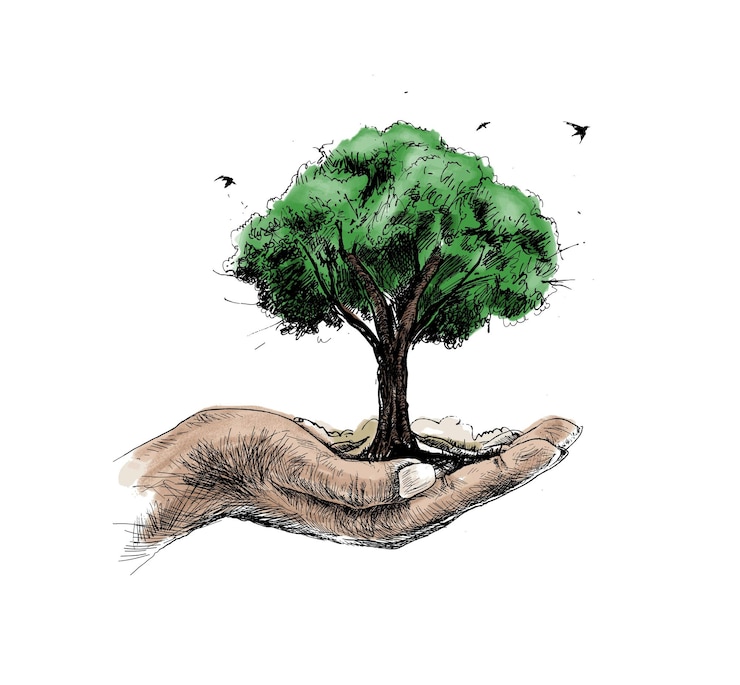 Vector impresión de camiseta salvar la naturaleza mano humana sosteniendo el árbol contra el fondo blanco concepto de ecología y día de la tierra