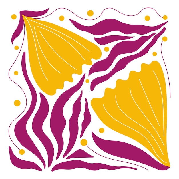 Impresión de composición de arreglo cuadrado de flores aislada en blanco Flores amarillas con hojas púrpuras tropicales a mano dibujo estilo doodle diseño plano Ilustración vectorial Flores silvestres Ornamento