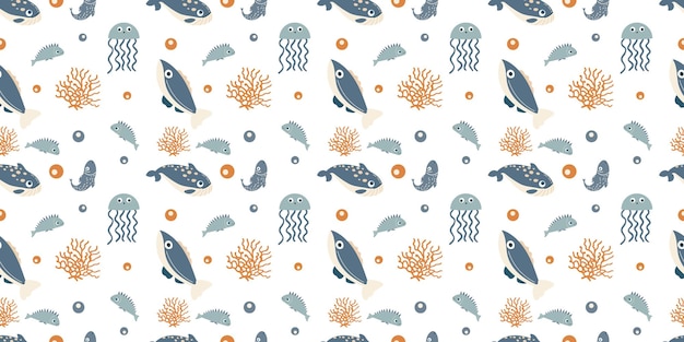 Impresión sin costuras bajo el agua con adorables corales de peces y estrellas de mar en un estilo lúdico