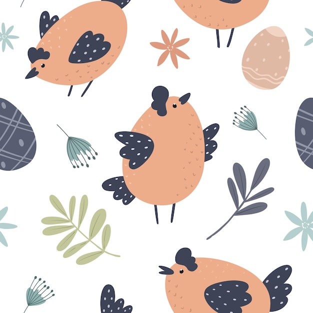 Impresión sin costuras con gallinas y huevos ilustración festiva de Pascua