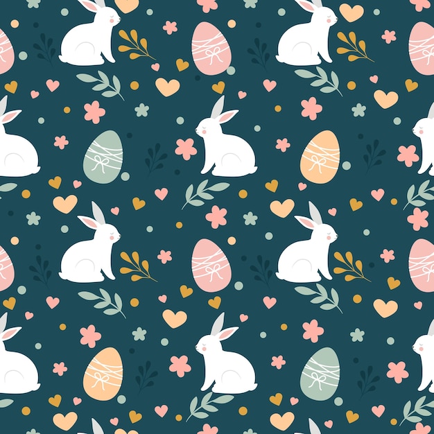 Impresión sin costuras con huevos de conejo de Pascua flores hojas y corazones