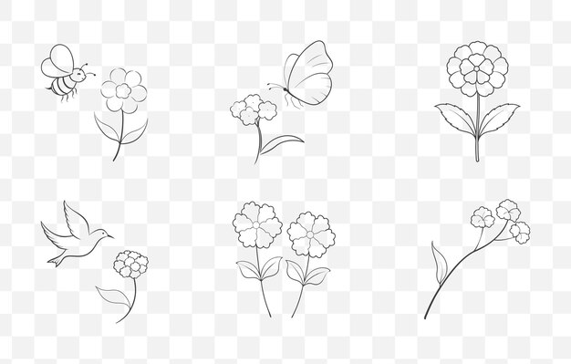 Impresión detallada de Verbena Line Art Vector Set con elegantes ilustraciones florales para Desi Botánico
