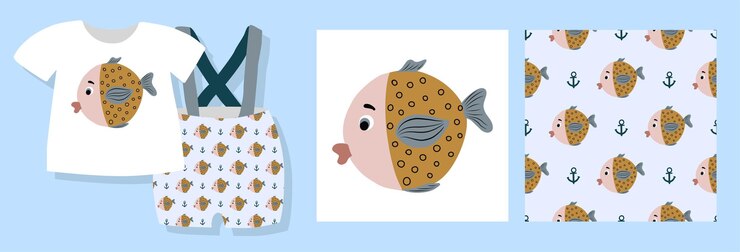 Vector una impresión divertida para ropa de bebé patrón lindo con peces diseño de camiseta ilustración vectorial