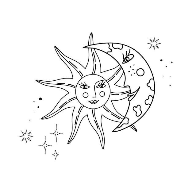 Impresión de Doodle del espacio exterior en estilo boho caprichoso con caras de la Luna y el Sol