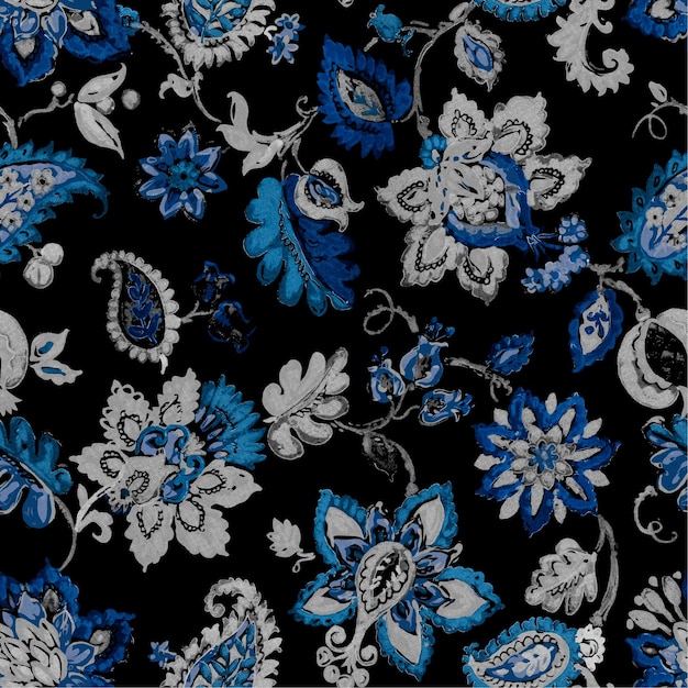 una impresión floral azul y blanca se muestra en esta imagen