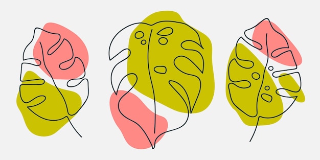 Impresión de follaje floral minimalista de tres colores Conjunto de ilustración vectorial de coloridas hojas tropicales