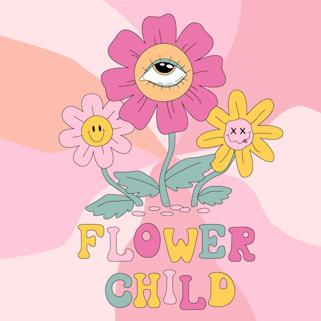 Impresión de ilustración de flores hippie psicodélicas retro de los años 70 con eslogan maravilloso para camiseta o pegatina