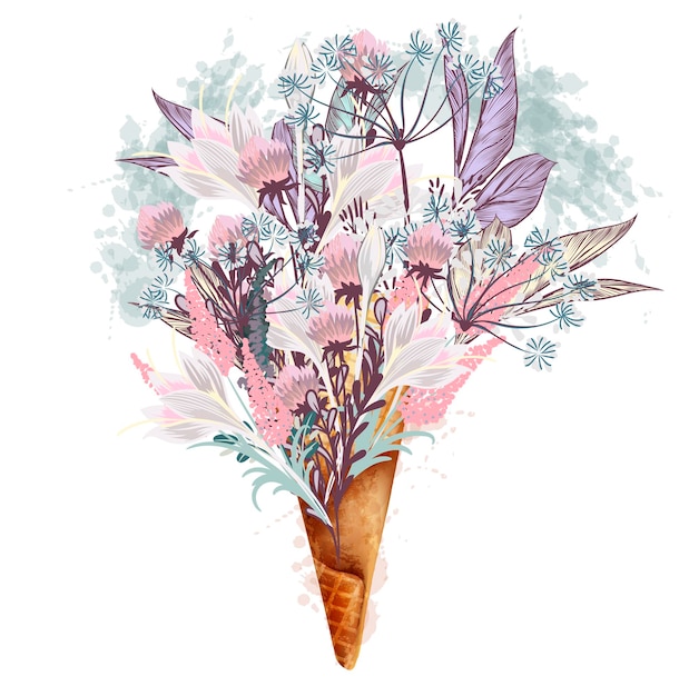 Vector impresión de ilustración de moda para camiseta con helado de flores